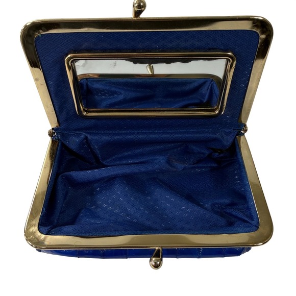 Vintage Coin Purse Eel Skin Clam Shell Make Up Bag Kiss Lock Frame Mirrored Blue - Picture 12 of 15